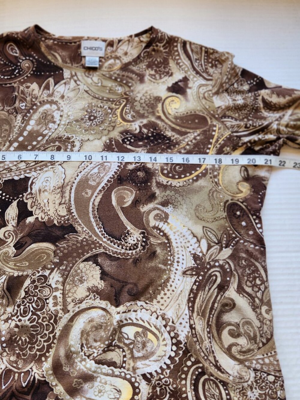 Chico's Women's Size 2/12-14 (L) Brown Paisley Print 3/4 Sleeve Round Neck Top - Picture 12 of 14